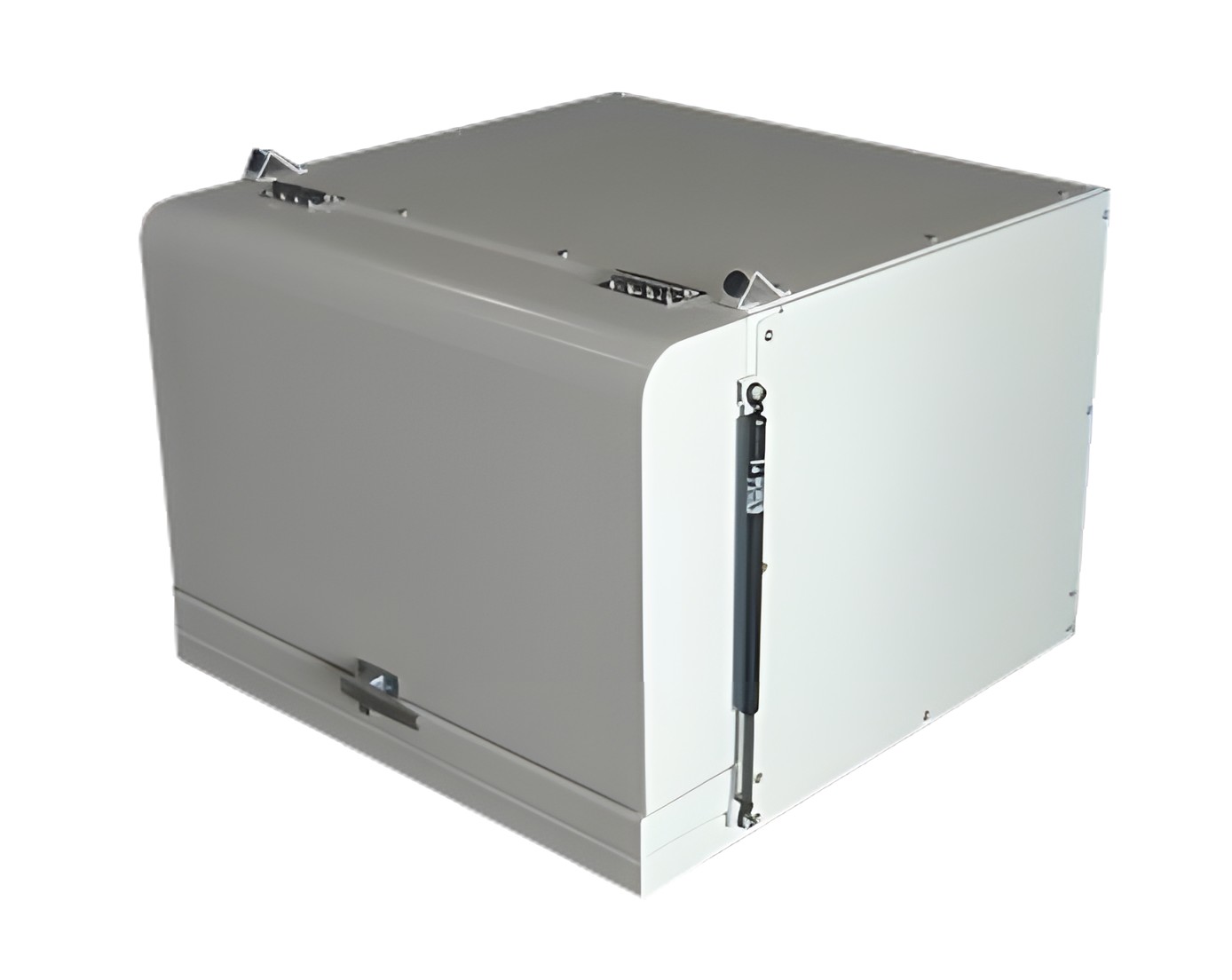 Wing-door soundproof box in a closed state. Gas dampers on the sides, latches on the top and front surfaces.