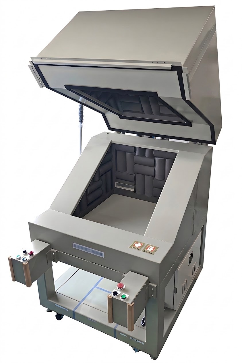 Large wing-door soundproof box with door open. Internal sound-absorbing baffles lined up inside, control buttons on left and right, mounted on a frame with casters.